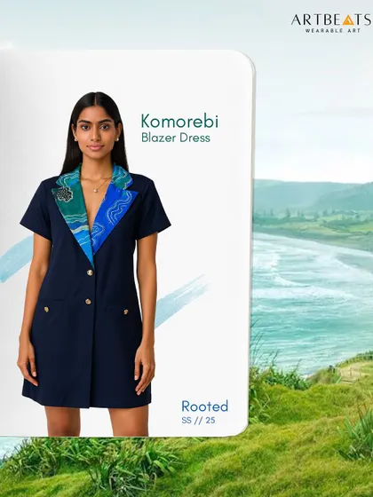 The Komorebi Blazer Dress, a piece designed for those who lead with grace. The artistic collar, inspired by the Komorebi print, adds a touch of landscape artistry to a classic silhouette.