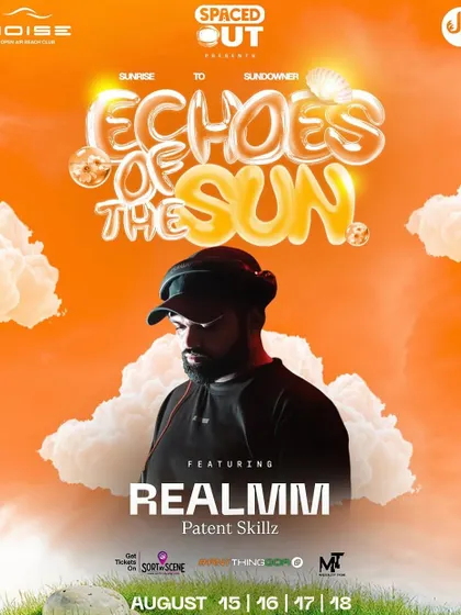 The poster for 'Echoes of the Sun' in Goa, another event from a packed weekend. The dreamy, orange-cloud design perfectly suits a sunrise to sundowner party.