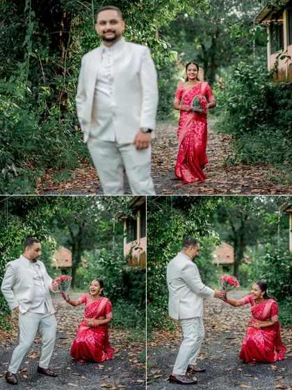 A playful and candid sequence from an engagement shoot, showing the groom's fun reaction as he presents a bouquet to his fiancée.