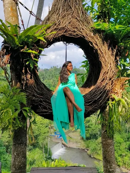 My rental gowns are perfect for travel and destination shoots, like this stunning shot in a beautiful nest swing.