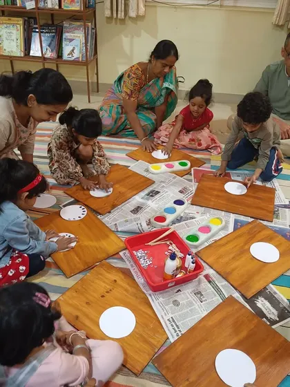 Another view of the dot painting workshop, showing how we spread out to give everyone enough space.