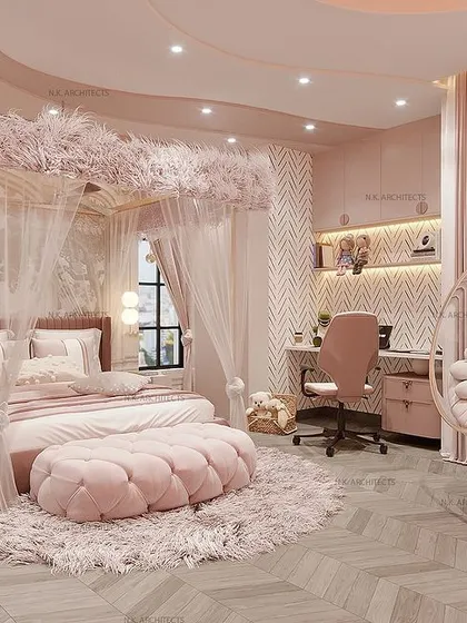 A girl's bedroom designed in dreamy shades of pink. The room features a canopy bed with feather-like details, a hanging swing chair, and soft, plush textures for a fairytale feel.