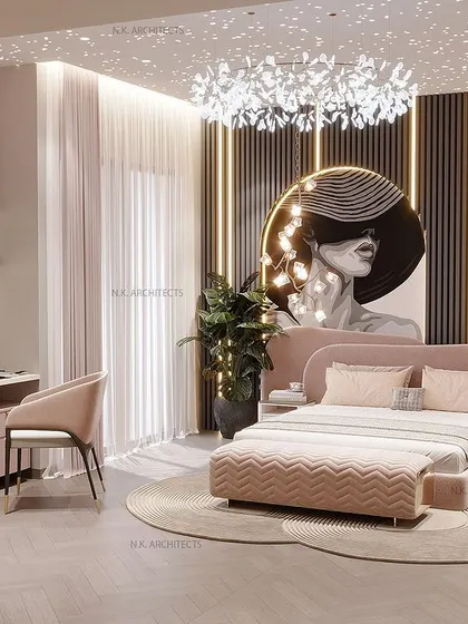 When pink is your client's favorite color, we create a modern luxury room around it. This bedroom blends soft pink and grey tones with a bold painting and a starry ceiling for a chic and dreamy vibe.