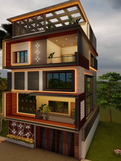 A side perspective of the design featuring vertical louvers, showing how it interacts with the surrounding environment.