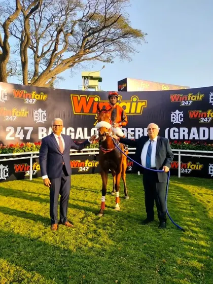 Sofiya, with jockey P. Trevor, after winning The T.B. Hanumantharaj Memorial Trophy.