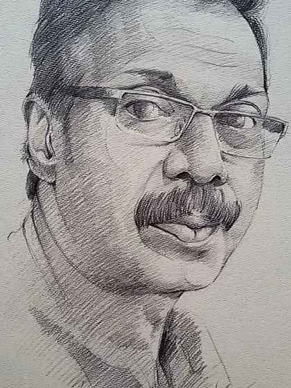 A detailed portrait created entirely with pencil. This traditional medium allows for soft shading and a very classic, realistic feel.