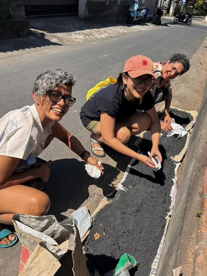 Foraging for materials in Bali with fellow artists. We collected volcanic sand and other natural materials to use in our surface treatments, connecting our work directly to the place.