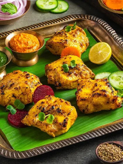 Fish Tikka served on a banana leaf, garnished with fresh herbs and served with chutneys and salad.