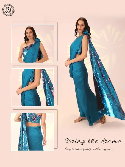 I love designing outfits that bring a little drama, and this modern drape saree does just that. The highlight is the one-shoulder blouse and attached pallu, both covered in sparkling sequins that catch the light with every move. It's a unique, head-turning ensemble perfect for a cocktail party or reception.