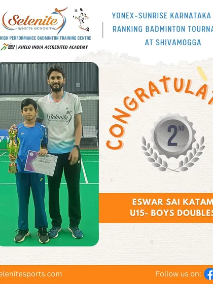 Eswar Sai Katam and his partner took 2nd place in the U-15 Boys Doubles at the state ranking tournament in Shivamogga.