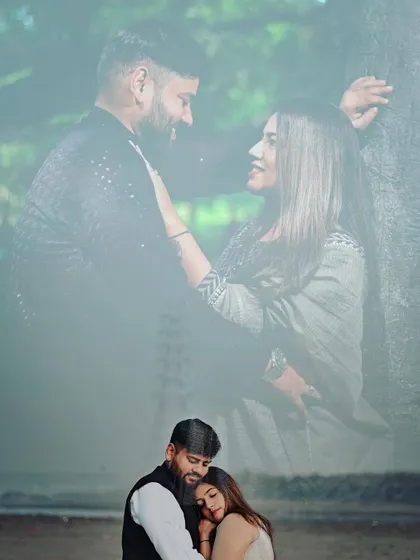 Another example of our artistic double exposure pre-wedding photography, combining a tender embrace with a romantic, hazy portrait.