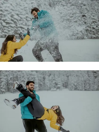 A collage showing a fun snowball fight and a joyful lift. These images showcase the dynamic and energetic moments we can capture during an adventure shoot.