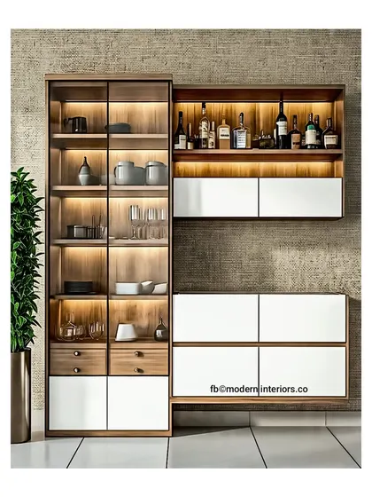 A modern crockery unit that combines a glass-door display cabinet with a sleek white sideboard. The warm backlighting in the upper cabinets creates a beautiful effect.