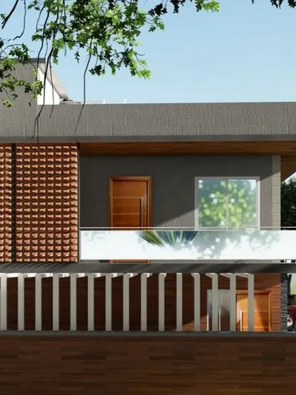 A direct front elevation render of the Siruguppa residential building, detailing the balance between solid walls, glass, and the decorative jali screen.
