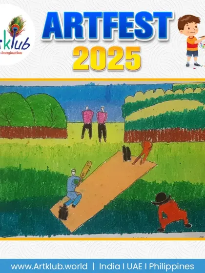 A cricket match from a junior artist's perspective. The drawing includes the batsman, bowler, and fielders, showing a good understanding of the game.