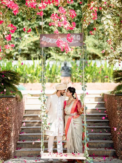 Creating whimsical and romantic photo opportunities is one of our passions. This beautiful floral swing, set against a backdrop of bougainvillea, provided the perfect spot for the couple to capture a cherished memory on their special day.