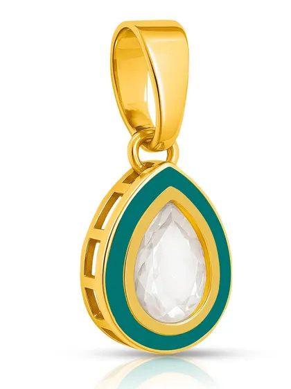 A close-up of a teardrop-shaped gold and enamel pendant, showing the intricate details and color on a clean white background.