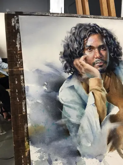The live setup for the award winning portrait. It was a 3 hour session, and I'm very happy with how the watercolour turned out.