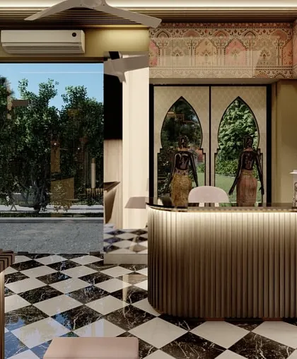 A 3D render showing the reception and entrance of a ladies' wear boutique concept. The design uses traditional arched windows and fluted counters to create an elegant, welcoming atmosphere.