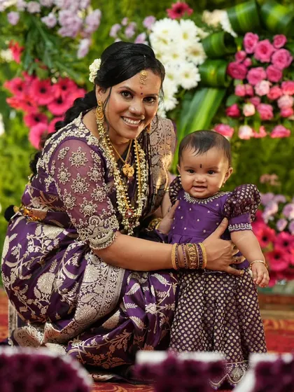 Rashmi and her adorable daughter at the naming ceremony. I created a soft, traditional look for the new mom.