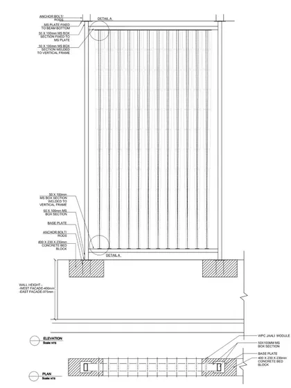 A technical detail drawing of the mounting system for the terracotta jaali facade. This shows the careful engineering required to execute our innovative design concepts.