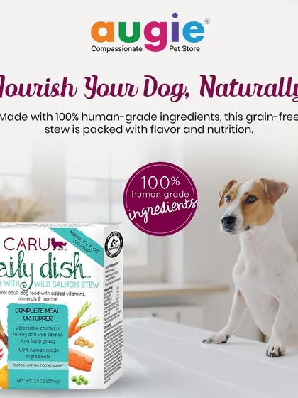 Nourish your dog naturally with Caru Daily Dish. This grain-free stew is made with 100% human-grade ingredients, including real turkey and wild salmon, for a meal packed with flavor and nutrition.