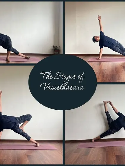 This collage shows a student's three-year journey with Vasisthasana (Side Plank). It's a testament to the power of consistent practice, showing the progression from a basic variation to the full, advanced expression of the pose.