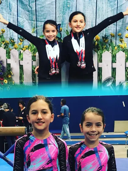 A collage showing two Silver teammates both in their leotards and celebrating with medals.
