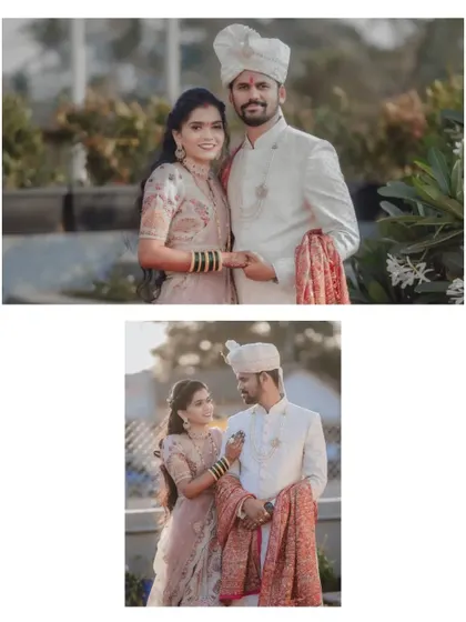 A pair of portraits from an engagement shoot, showing the couple in both a formal pose and a more relaxed, interactive one.