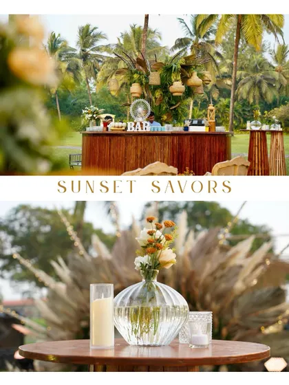 A collage of details from a boho-themed sundowner in Goa, featuring a rustic bar and simple, elegant table centerpieces.