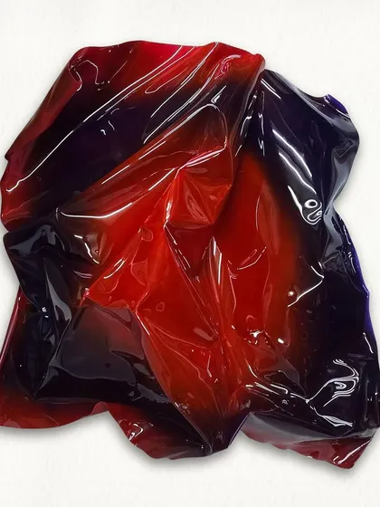A studio shot of the red and blue polycarbonate sculpture, highlighting its organic, fabric-like folds.