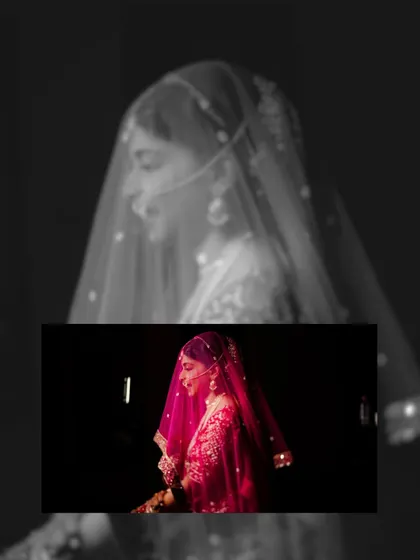 A creative edit of Divya's bridal portrait. The blend of a sharp color image over a soft black and white background creates a dreamy and artistic effect.