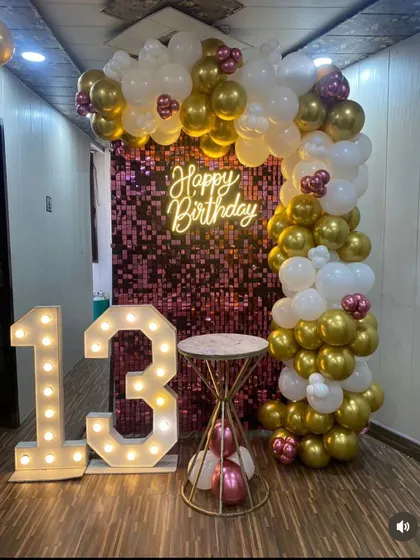 Another perspective of the chic 13th birthday setup, showing the arrangement in a hallway space.