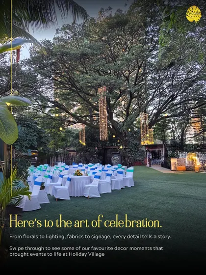 Our expansive lawn provides a grand canvas for celebrations. Here, a simple seating arrangement is elevated by the dramatic backdrop of our ancient tree and hanging lights.