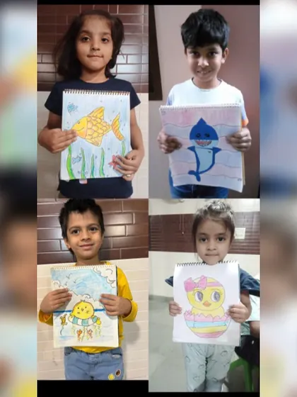 A collage of my students' underwater-themed art, featuring a friendly fish, a baby shark, and a cheerful chick in a floaty.