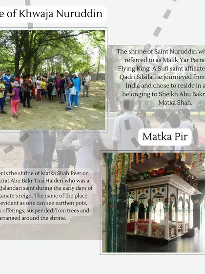 A collage showing the shrines of Matka Pir and Khwaja Nuruddin, Sufi saints from the early Mughal period. These sites highlight the rich spiritual tapestry of the area around Purana Qila.