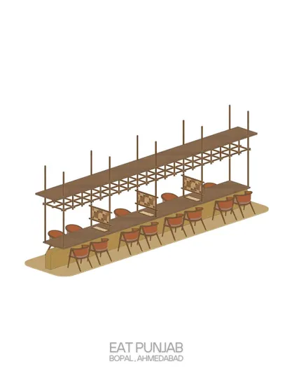 **Eat Punjab, Bopal:** An isometric view of the Bopal outlet's key feature: a long, linear communal table anchored by an overhead wooden latticework. This design element not only provides lighting but also reinforces the brand's identity and the Punjabi tradition of community feasts.