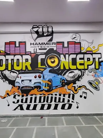 We brought high-octane energy to Motor Concept in Mayapuri, Delhi, with this custom car graffiti. This piece combines dynamic typography, brand logos, and automotive illustration to capture the excitement of car culture.