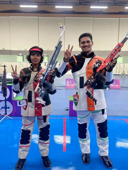 Team India's Rudrankksh Patil and Narmada celebrating their bronze medal win in the 10m Air Rifle Mixed Team event at the Bhopal World Cup.