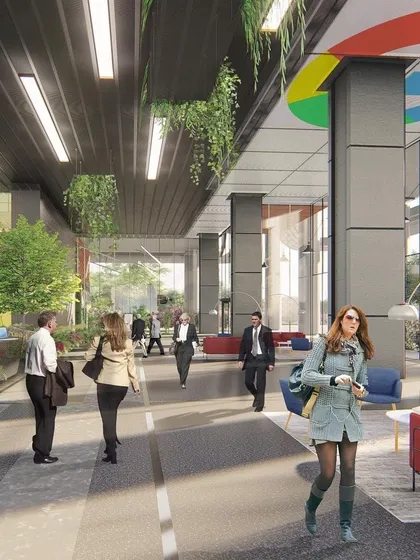 The biophilic lobby concept for the 'Urban Ladder' office. Hanging plants, green walls, and natural materials create a campus-like feel from the moment you step inside.