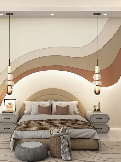 A conceptual design for a modern bedroom with a stunning, multi-layered, wave-patterned headboard in earthy tones. The design includes a curved, upholstered bed frame and contemporary pendant lights.