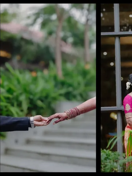 A creative composition focusing on the simple act of holding hands. This shot symbolizes their connection and the start of their journey together, with the bride looking on from the side.