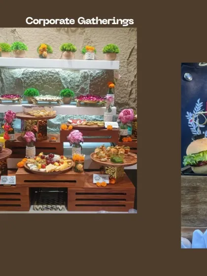 A look at our catering for corporate gatherings. This multi-level wooden setup displays a variety of our platters, including cheese boards and other appetizers, designed to impress.