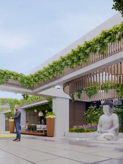 A serene office terrace concept designed as a corporate retreat. The space features lush greenery cascading from pergolas, comfortable seating areas, and a peaceful Buddha statue to help employees unwind and rejuvenate.