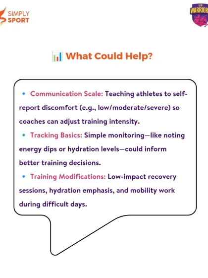What could help coaches support their athletes better? Simple tools like a communication scale for discomfort, basic tracking of energy levels, and clear guidelines on training modifications can make a significant impact.