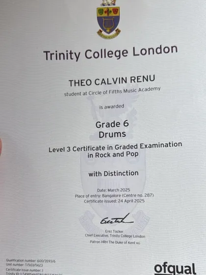 We don't just teach; we help our students achieve excellence. We are incredibly proud of Theo, who secured a Distinction in his Grade 6 Drums exam from Trinity College London. This is the level of mastery we help you reach.