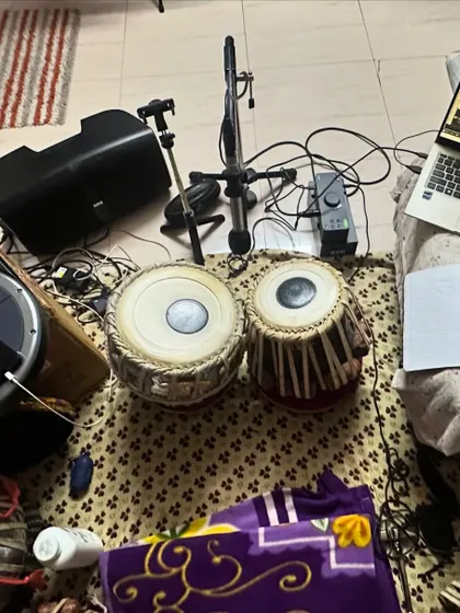 My home recording setup. With my tablas, laptop, and notes, I am always ready to practice, compose, or lay down ideas for a new project.