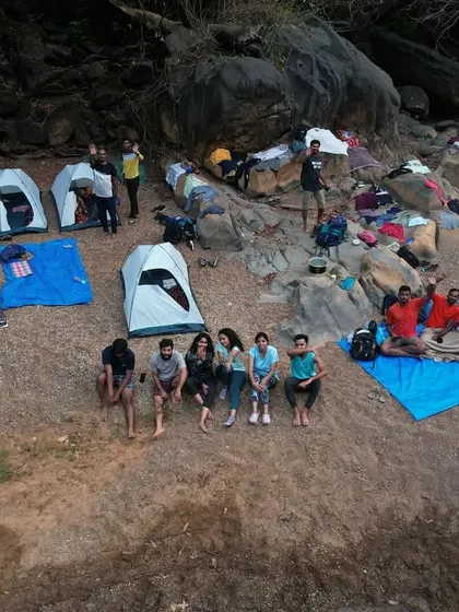 An aerial shot of our campsite on the banks of the Aghanashini.