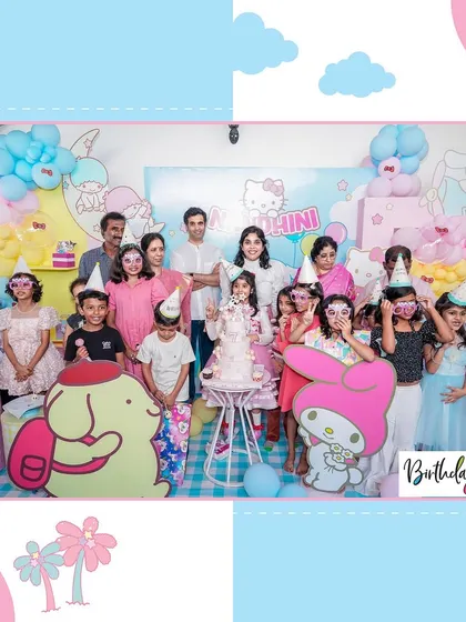 A sweet and cheerful Hello Kitty party for Nandhini and her friends. The setup included a pastel color palette, character cutouts of Hello Kitty and My Melody, and a fun photo opportunity for the whole family.