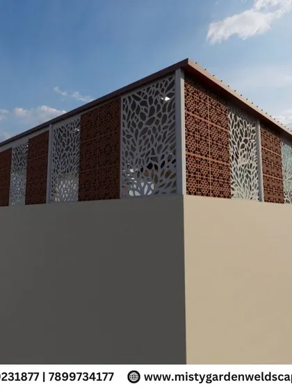 An exterior view from our 3D design, illustrating how the proposed terrace structure with decorative panels integrates with the existing building architecture.